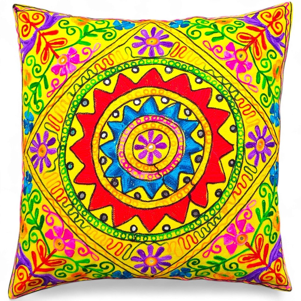 Luxury Handmade Indian Mandala Cushion Cover 24x24 – Heavy Embroidered Boho Deco