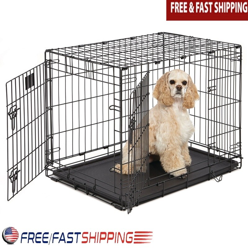 Double Door Folding Metal Dog Crate with Divider Leak-Proof Pan & Rubber Feet-image