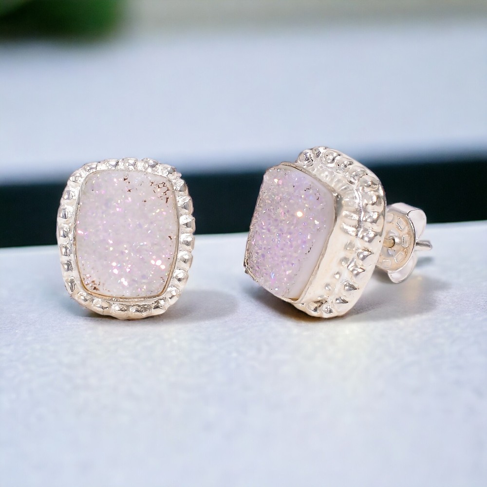 Natural Titanium Druzy Stud Earrings 925 Silver Minimalist Birthday Gift For Her  