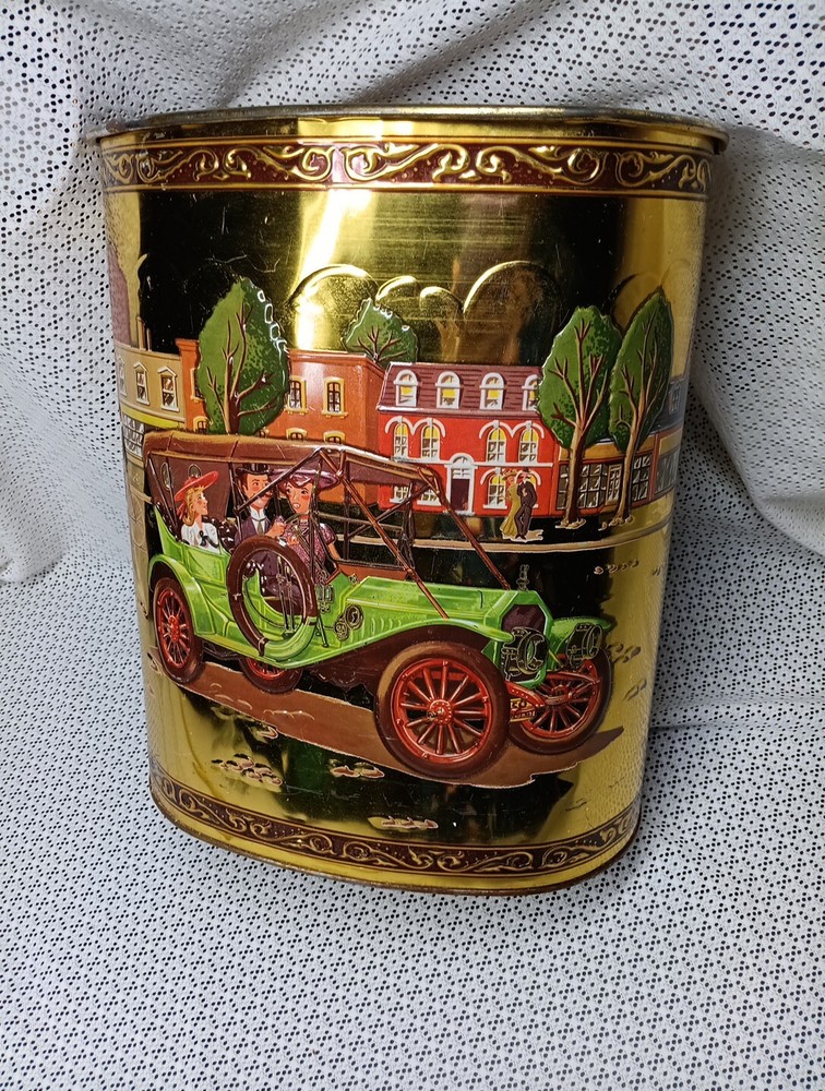 Vintage Weibro Metal Trash Can with Old Jalopy / Antique Car Images