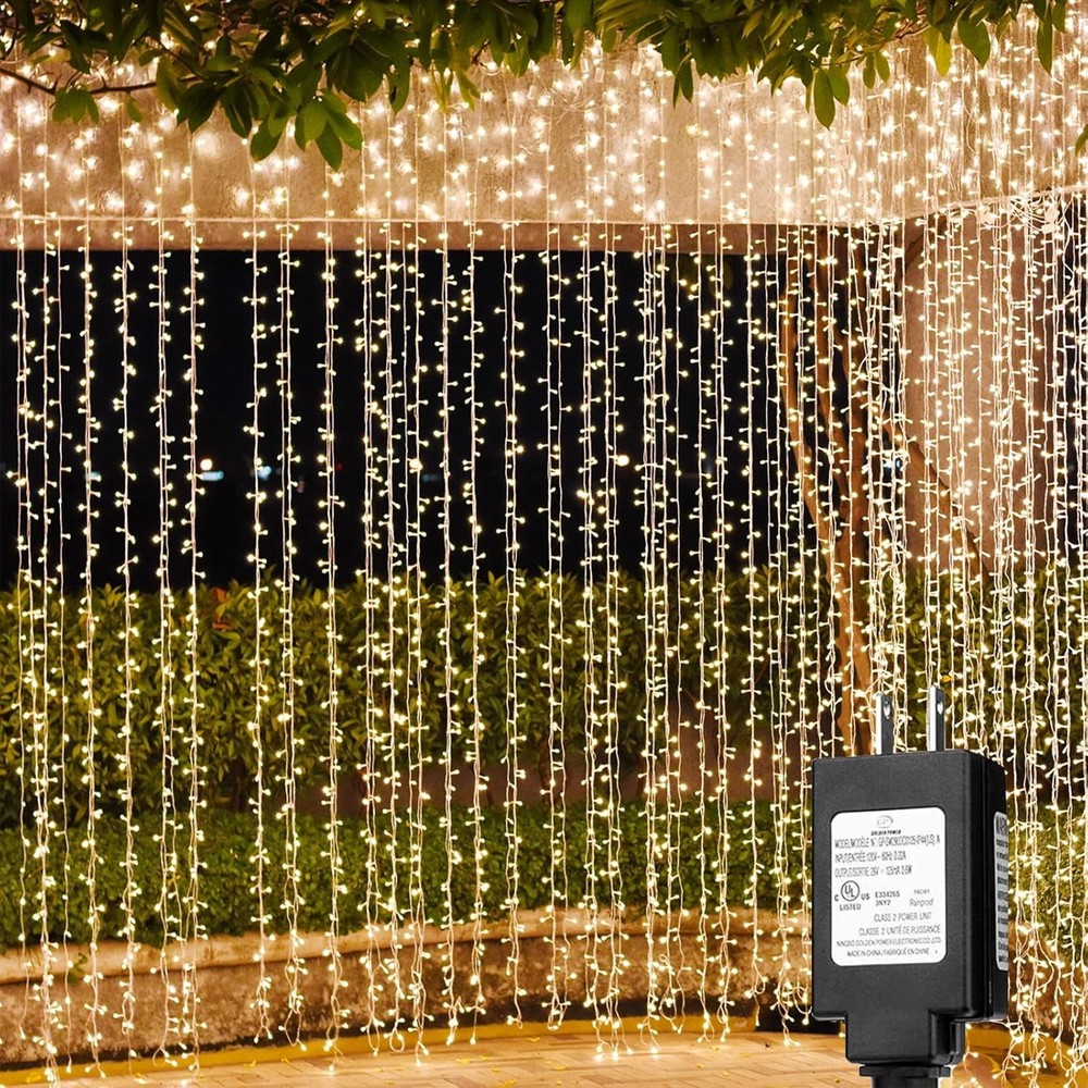 LED Curtain Lights Outdoor 40ft x10ft, 800 LED Plug in Warm White 40ft x 10ft