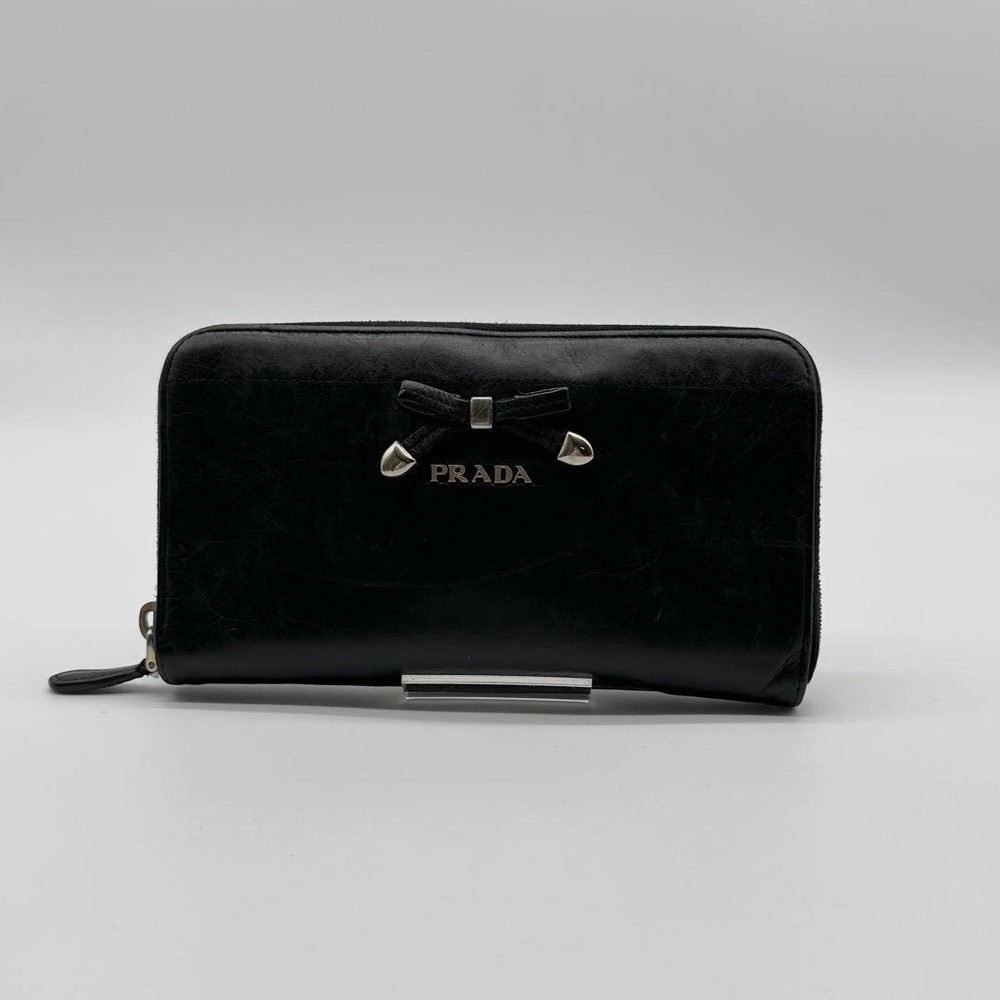 Prada Bicolor Black Gold Logo Leather Long Wallet with Canvas Ribbon Unisex Pre-Owned