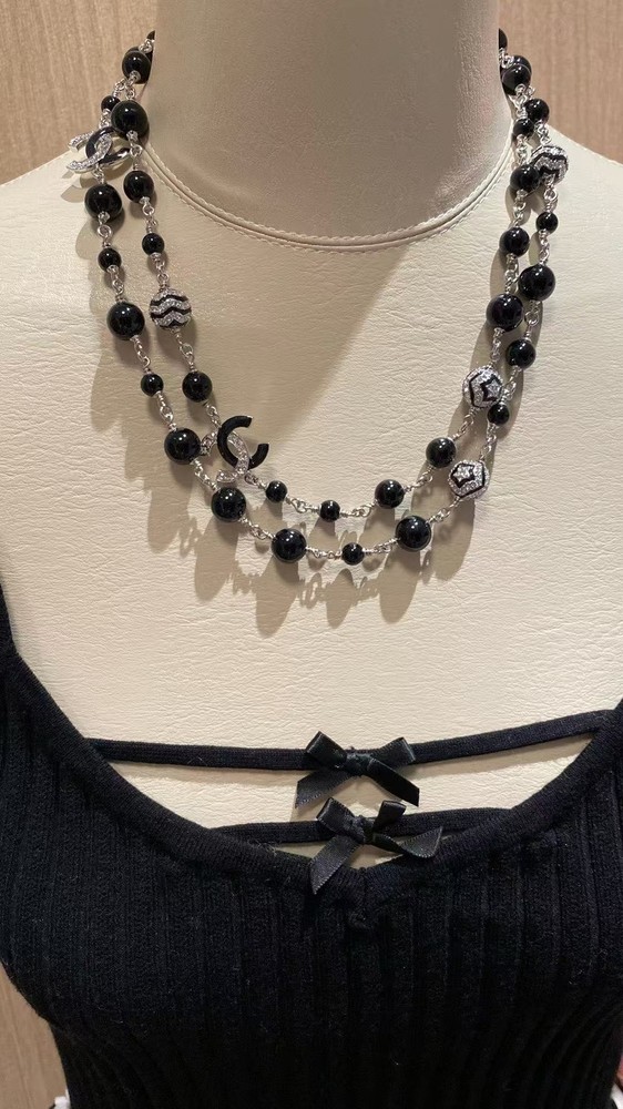 😍CHANEL Pearl Black Onyx Long 2 CCS Necklace Sweater Chain with Crystal 24C