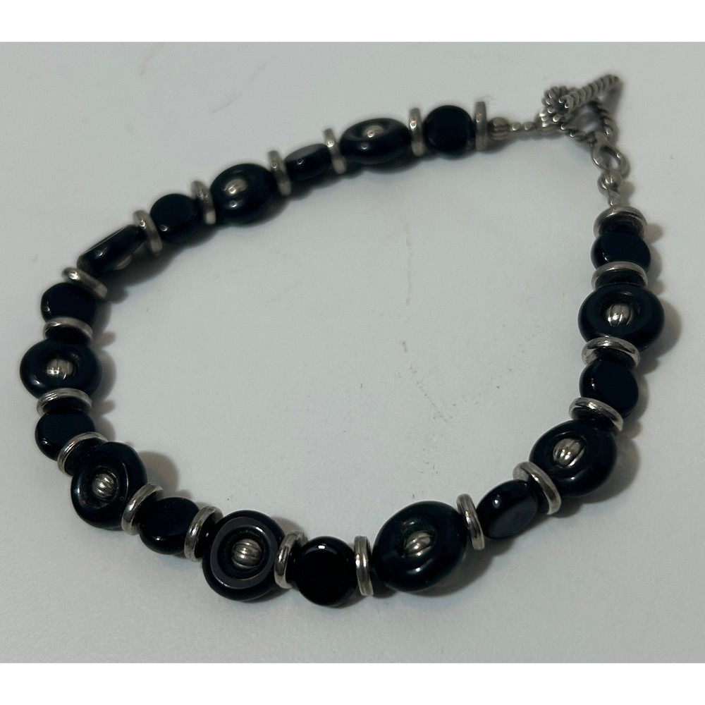 Handmade Black Glass Bead and Silver-Tone Toggle Clasp Bracelet