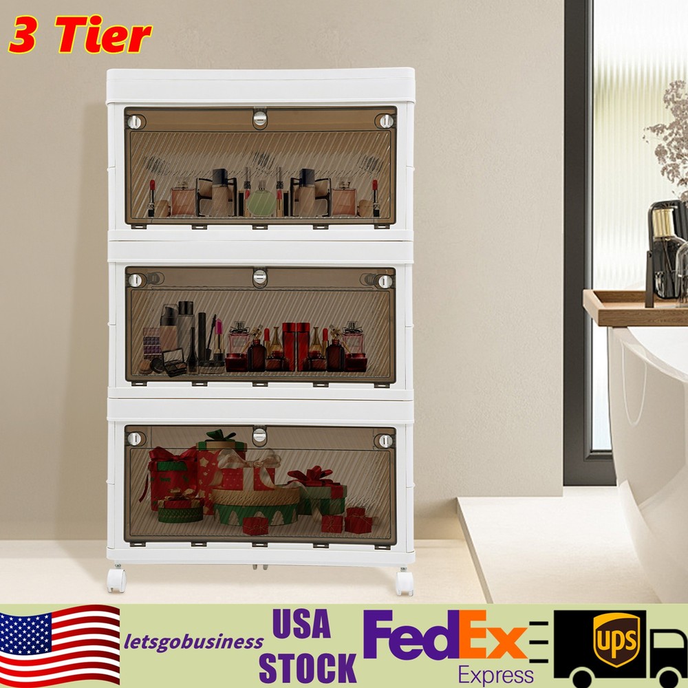 3 Tier Foldable Storage Organizer w/Wheels Stackable Clothes Cabinet Storage Box