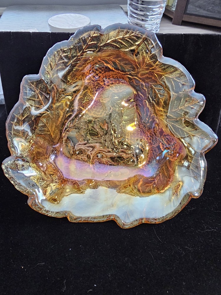 Indiana Glass Loganberry  Amber Carnival Glass Candy Bowl, Leaves and Berries