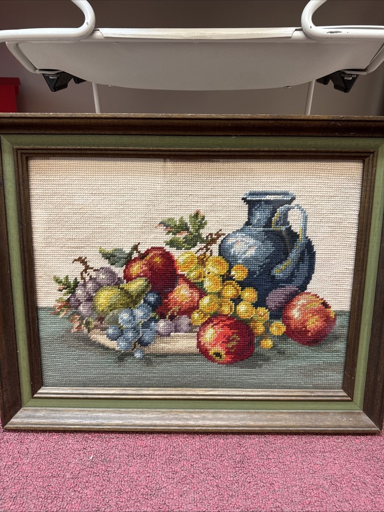 Vintage Needlepoint Canvas Fruit Kitchen Framed 19” X 15”