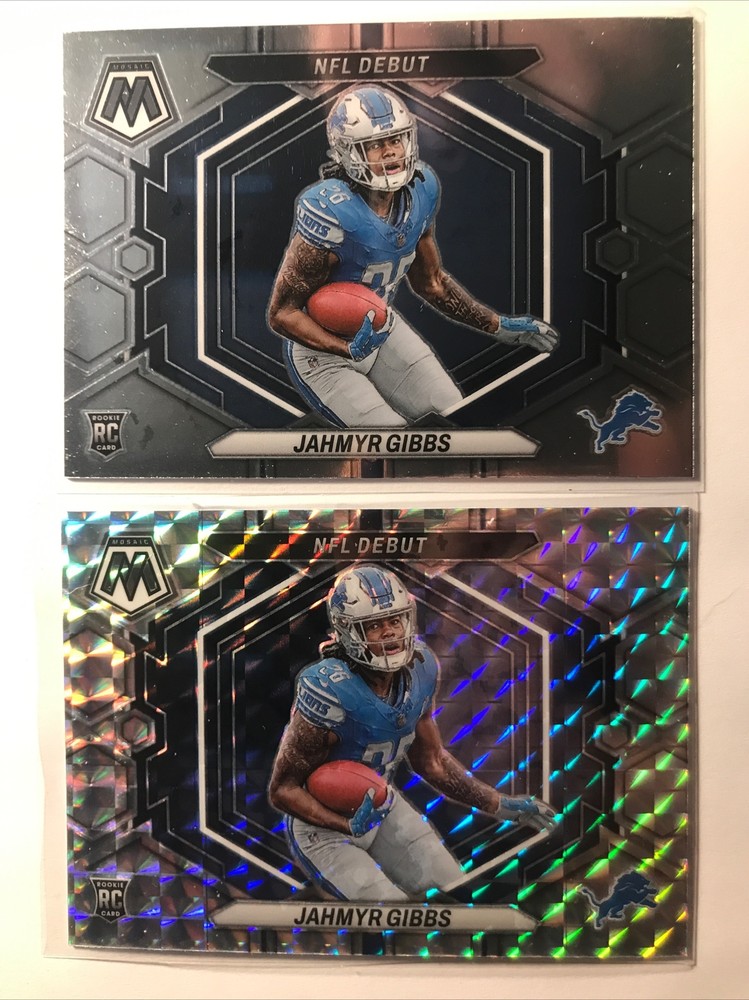 Jahmyr Gibbs 2023 Mosaic ROOKIE RC BASE + SILVER MOSAIC PRIZM SP LIONS