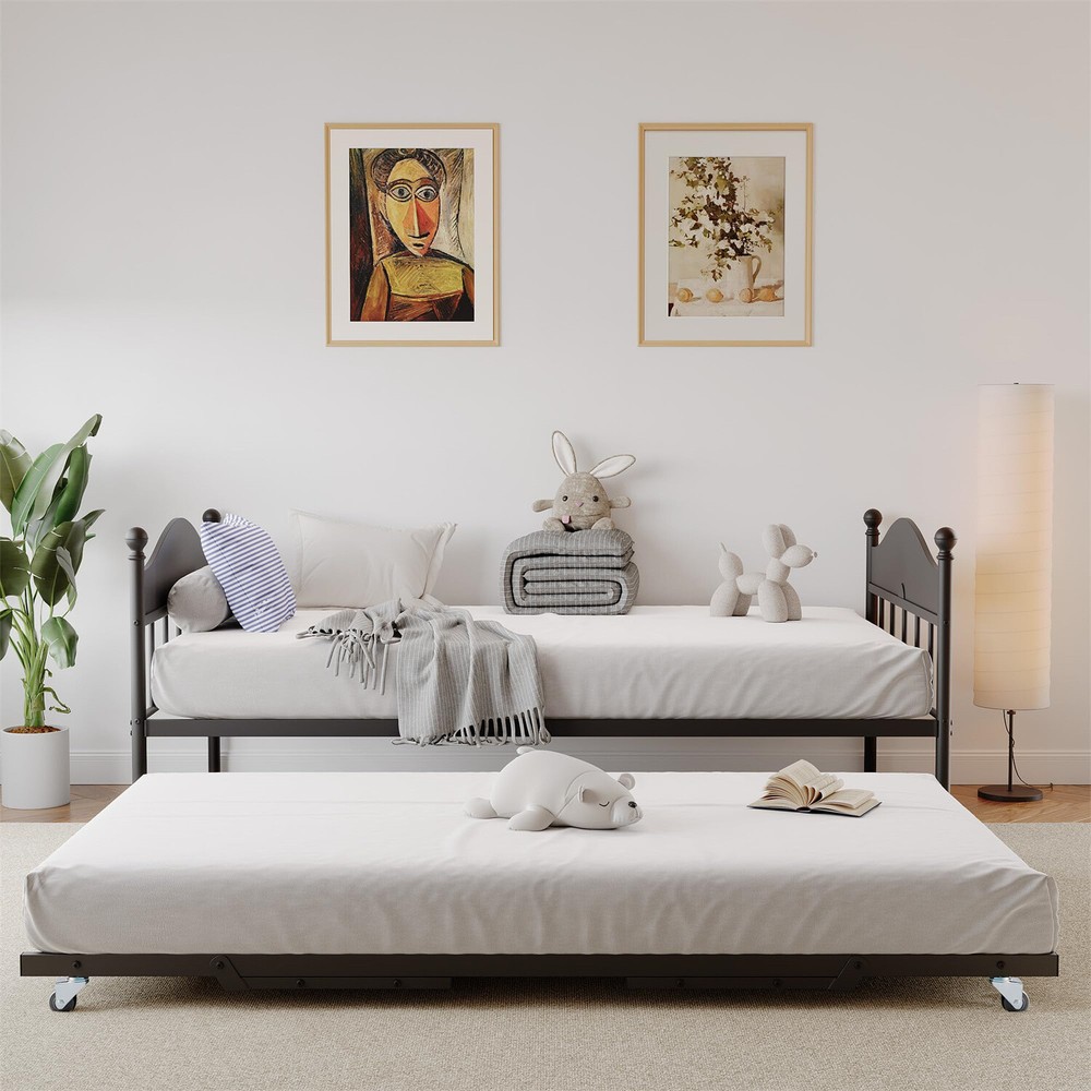 ⏯Daybed With Trundle Metal Twin Bed Frame with Pop Up Foldable Trundle Bed Frame