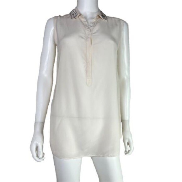 Rebecca Taylor Oversized Ivory Silk Blouse with Silver Studs Size 2
