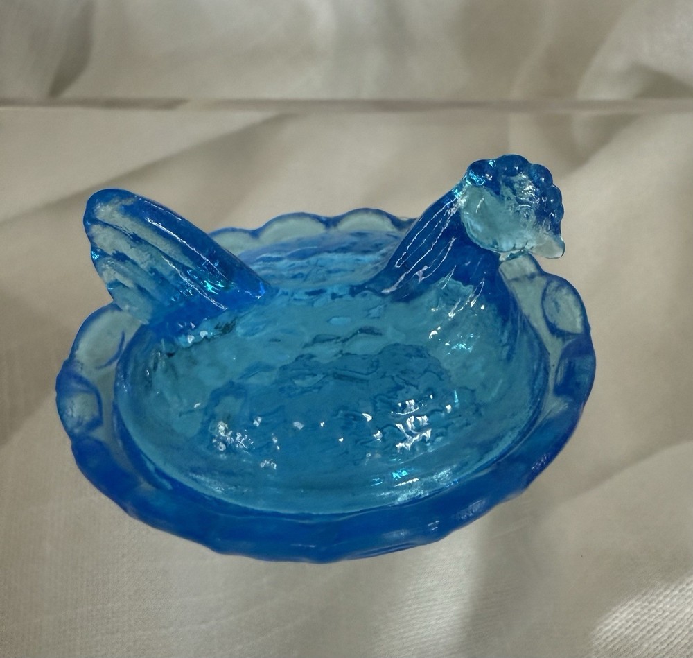 Blue Glass Mini Hen on Nest Oval Covered Dish