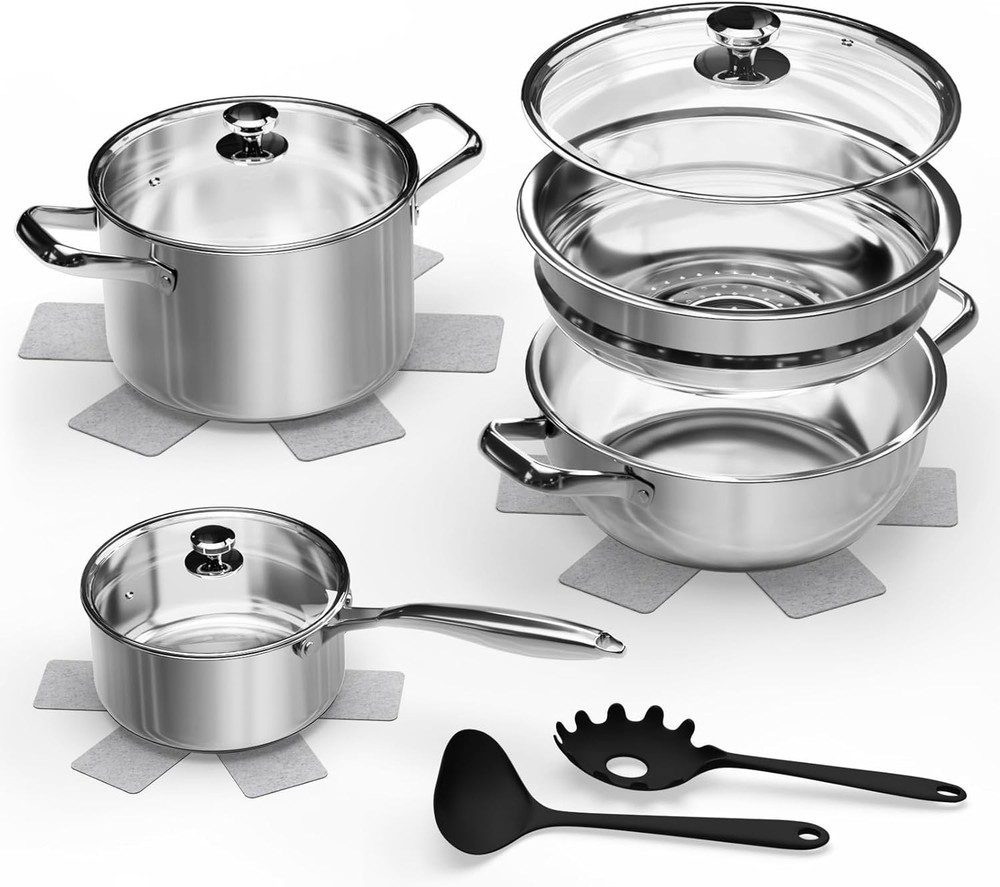 Pots and Pans Set,12-Piece Stainless Steel Cookware Set, 12-Piece, Silver