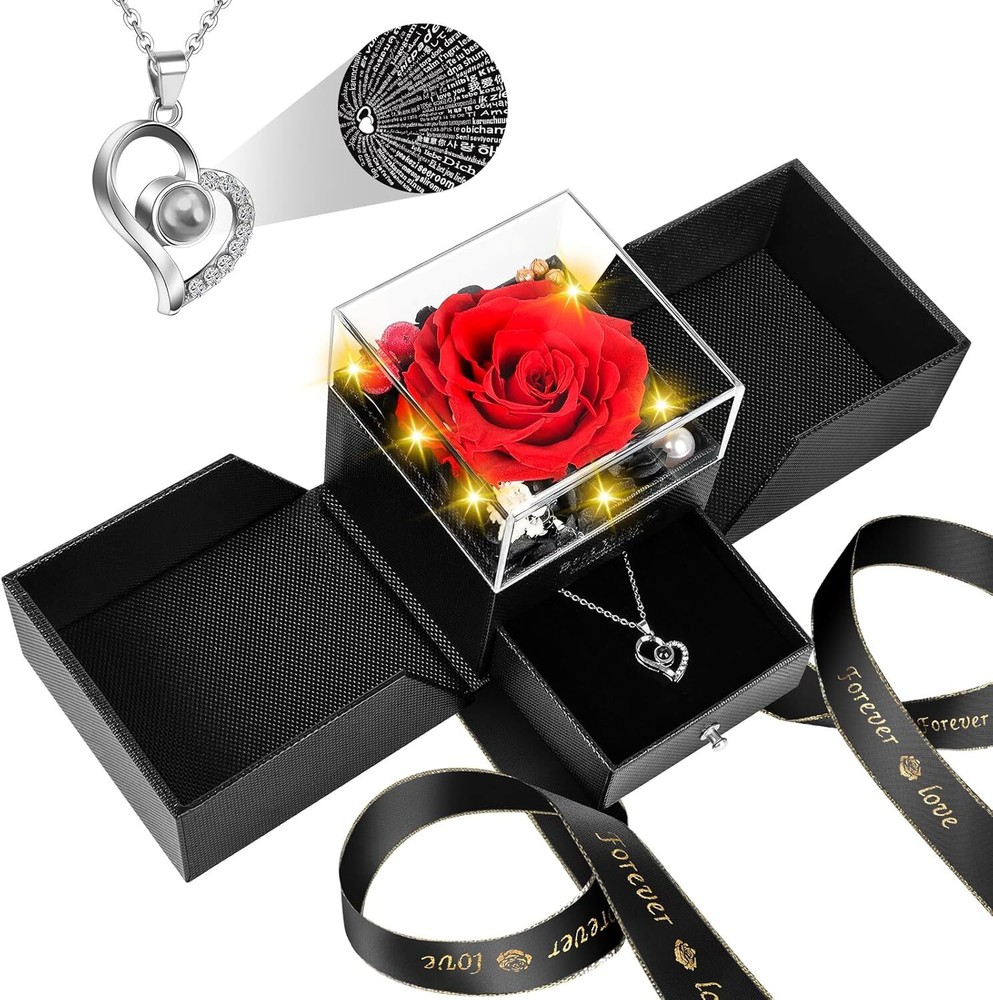YIMISHCZ Preserved Real Rose box with I Love You Necklace Birthday Gifts RED