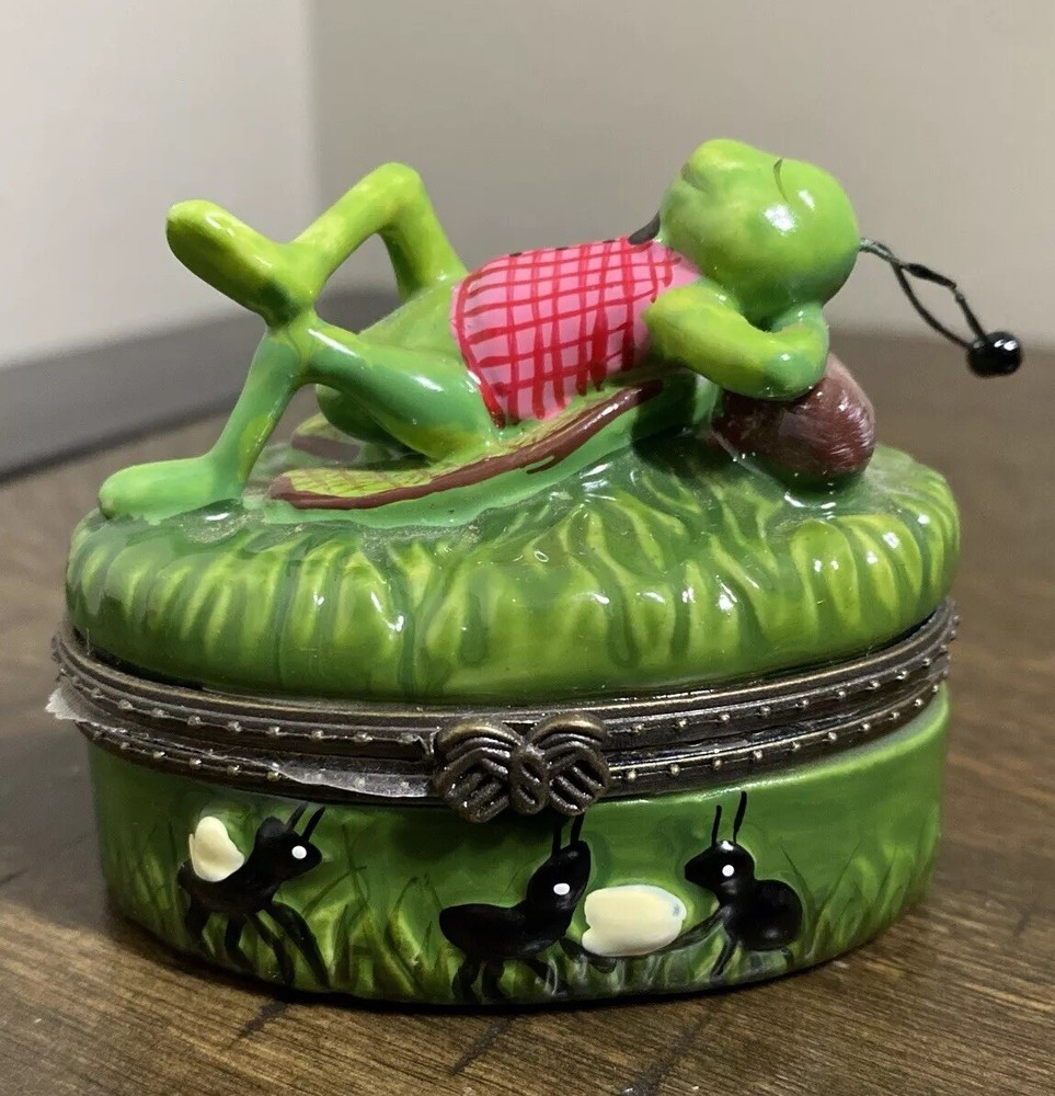 Rare Porcelain Grasshopper Sleeping Bug Ant Shaped Trinket Box with Sealable Lid for Jewelry and Keepsakes