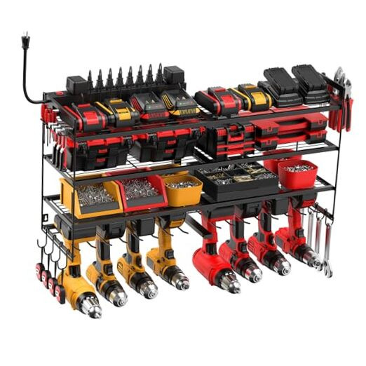 4-Tier Wall-Mounted Power Tool Organizer with 10-Outlet Strip