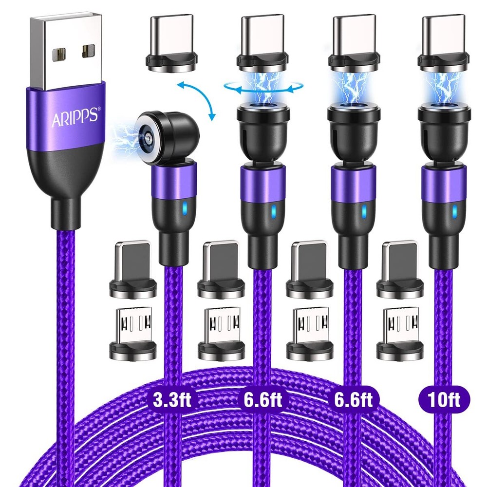 Aripps Magnetic Charging Cable 4 Pack 3.3ft/6.6ft/6.6ft/10ft 540 Degree Rotat...