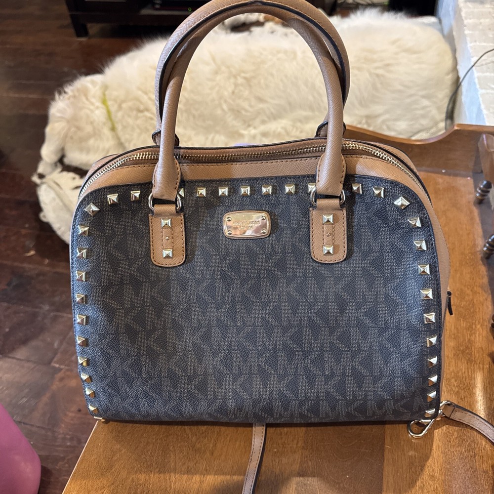 Michael Kors Black Saffiano Leather Studded Sandrine Medium Satchel