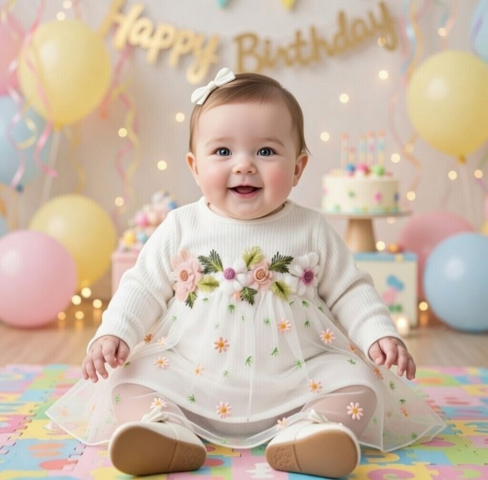 Premium Baby Girl Floral Embroidery Mesh Princess Dress–Long Sleeve | 6-9 Months