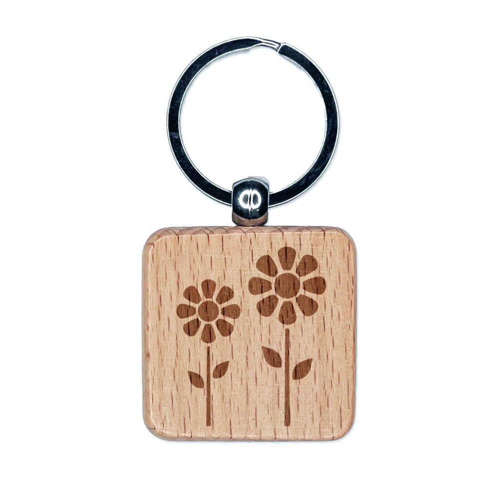 Daisy Flower Pair Engraved Wood Square Keychain Tag Charm