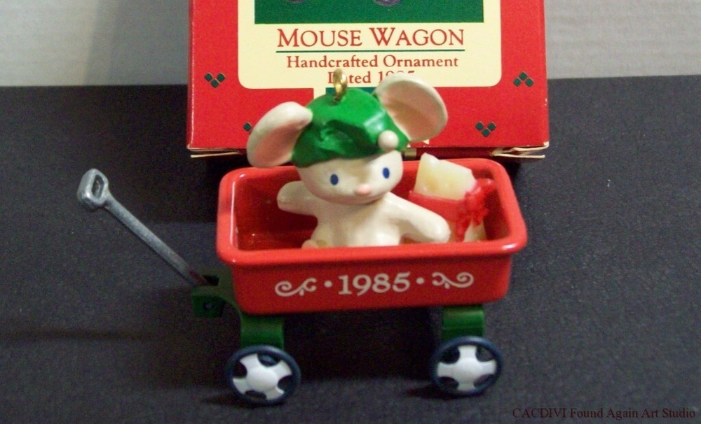 Vintage Hallmark 1985 Mouse Wagon Christmas Tree Ornament Red Toy Wagon Metal