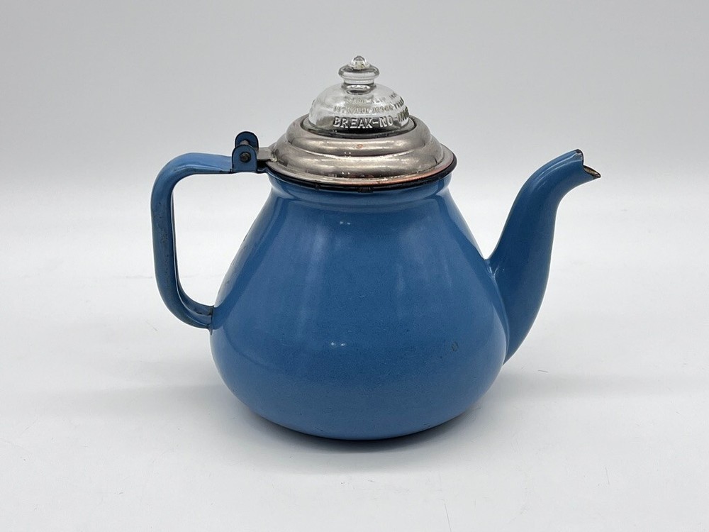 Vintage Antique Blue Enamel Ware Teapot with BREAK NO MORE Glass Lid Tea Kettle