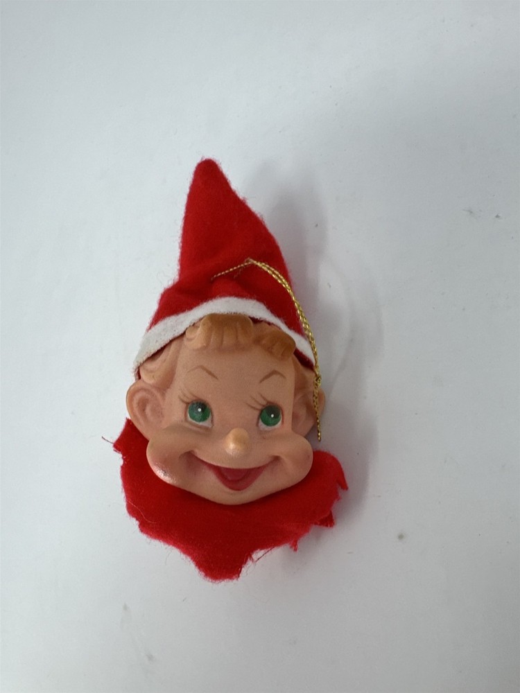 Vintage Christmas Pixie Elf Ornament Rubber Face Red Felt Hat MCM Kitsch