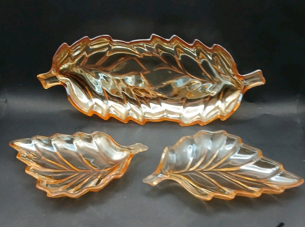 Vintage Marigold 3 Piece Leaf-Shaped Carnival Glass Trinket / Candy Dishes