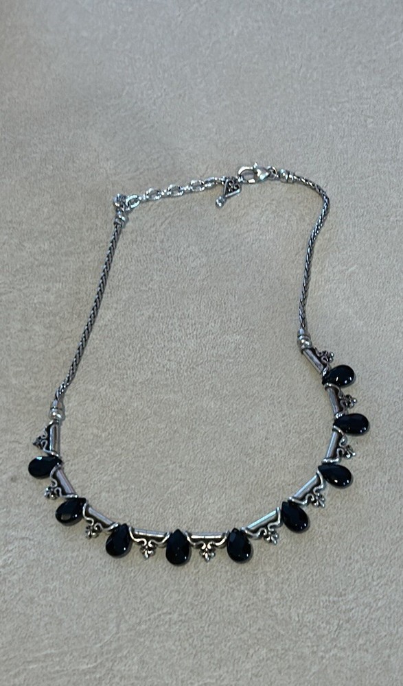 Brighton Necklace Black Onyx Marcasite Teardrop Crystals Silver Scrollwork