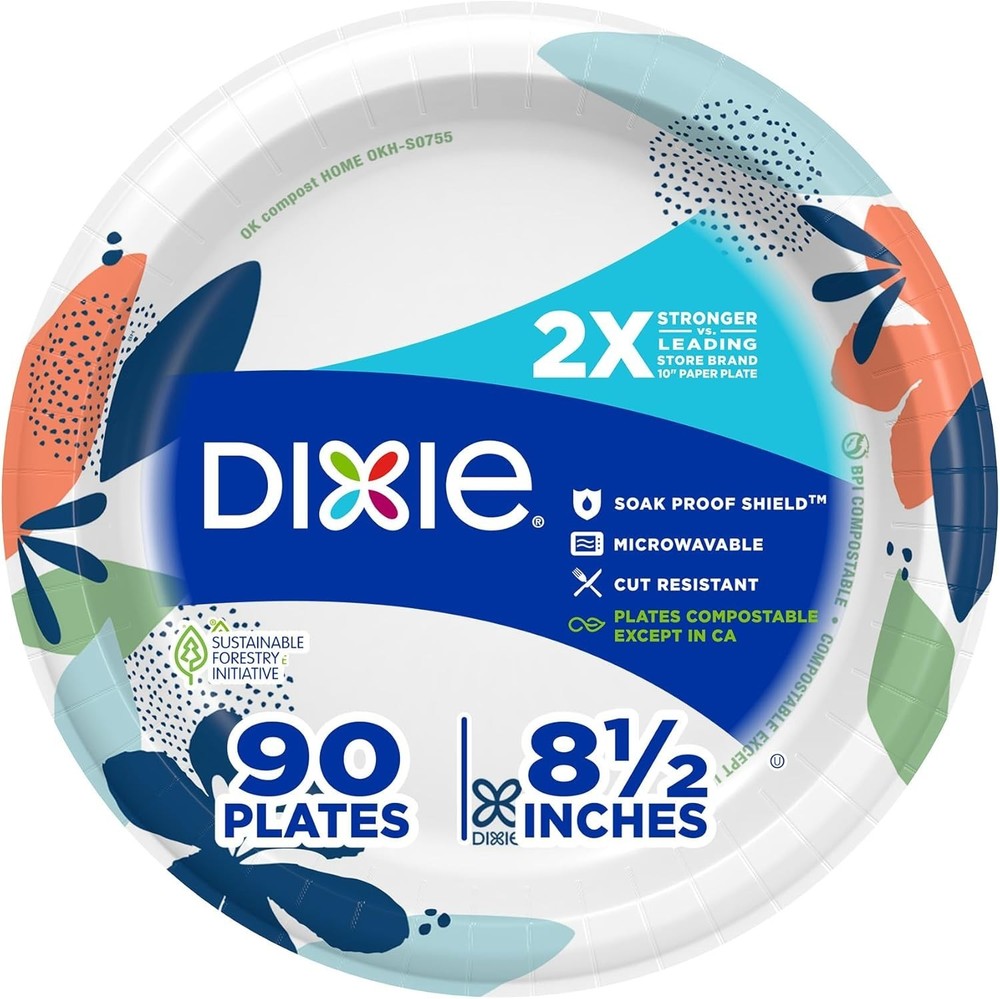 Dixie Medium Paper Plates, 8.5 Inch, 90 Count, 2X Stronger, Microwave-Safe, Soak