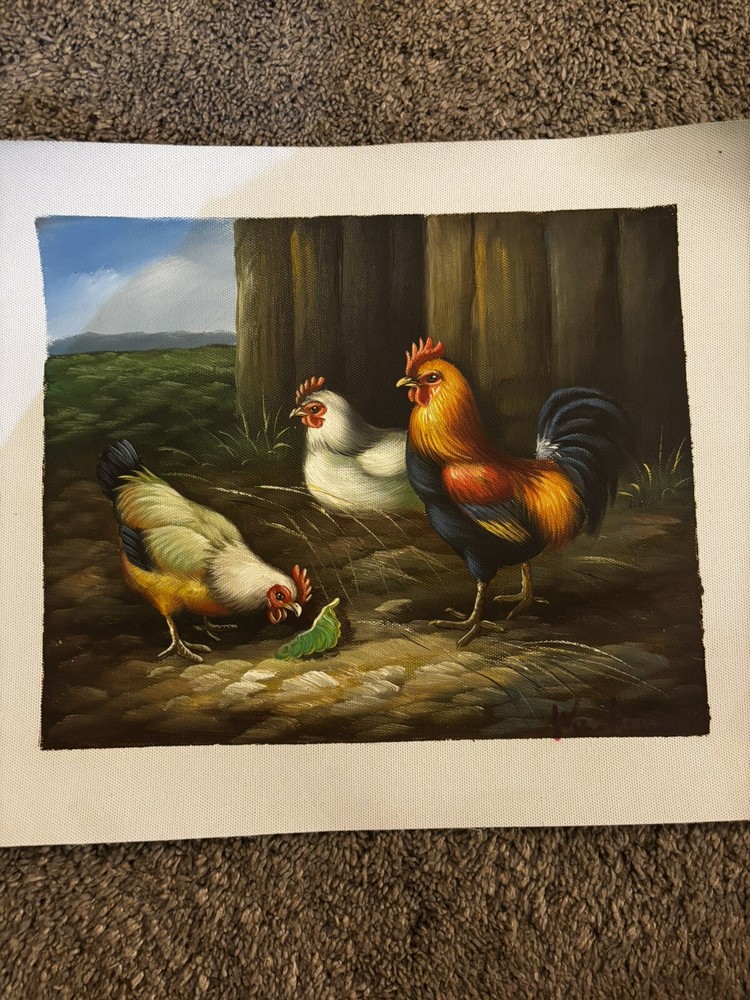 Chickens Baby Chicks Bird Real Oil Painting On Canvas Background 9”x11”
