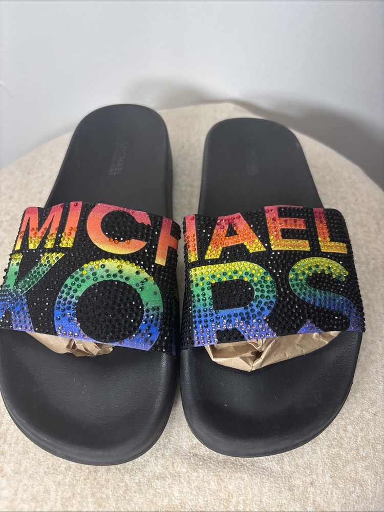 Women's MK Michael Kors Gilmore Rhinestone Slide Sandals Black Size 6M