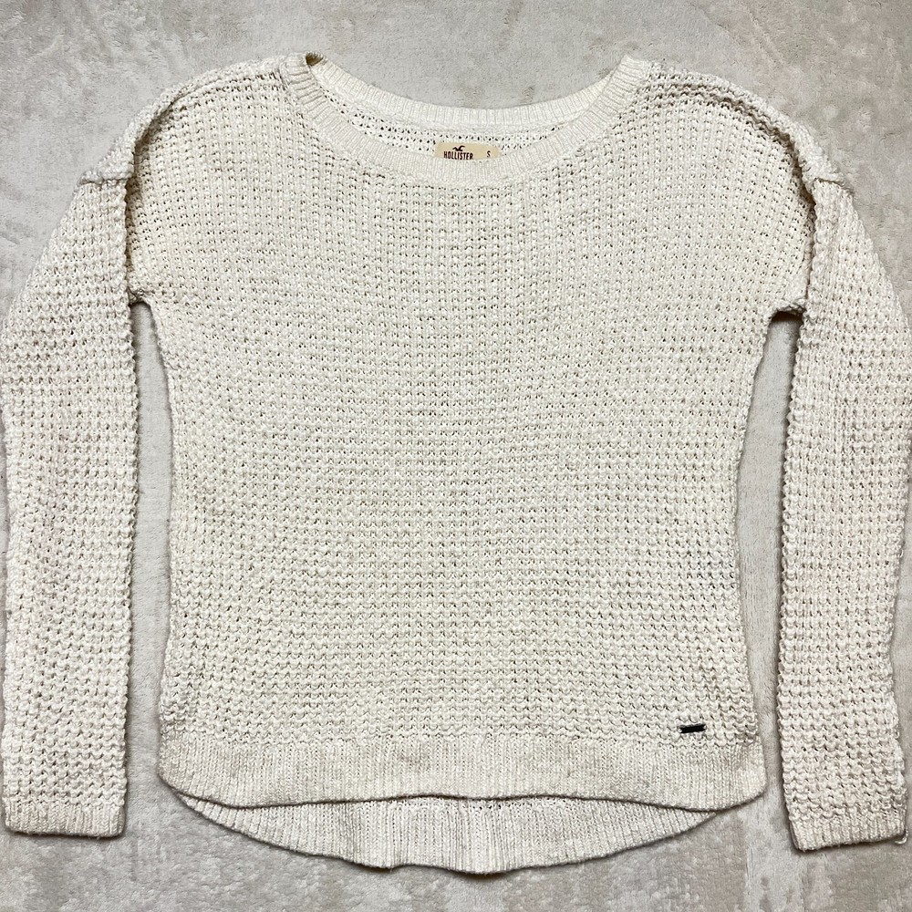 HOLLISTER Womens White Oversized Hi/Lo Classic Cable Knit Sweater Size Small