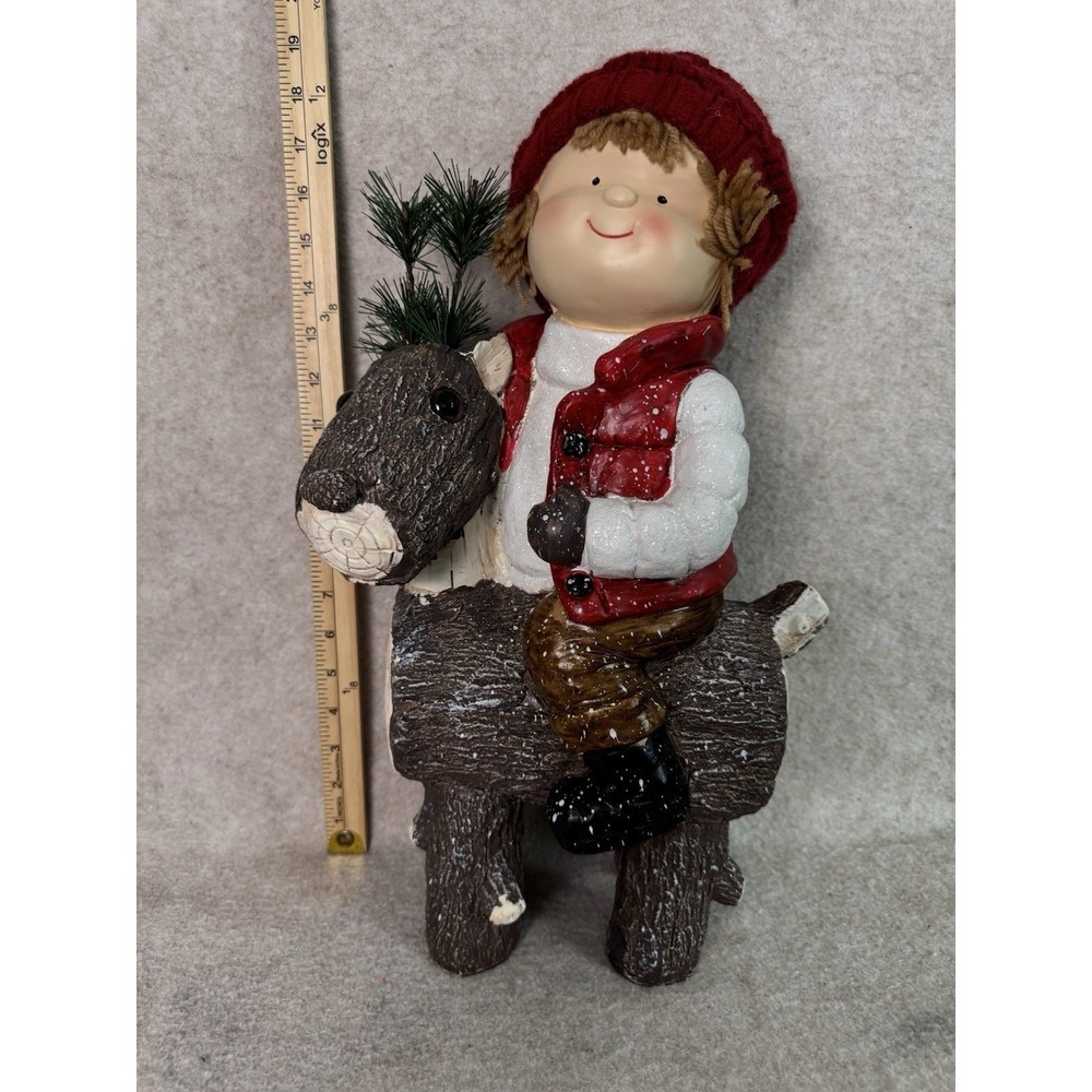 Adorable Christmas Figurine Child Riding Reindeer Rustic Wood Accents Red Hat