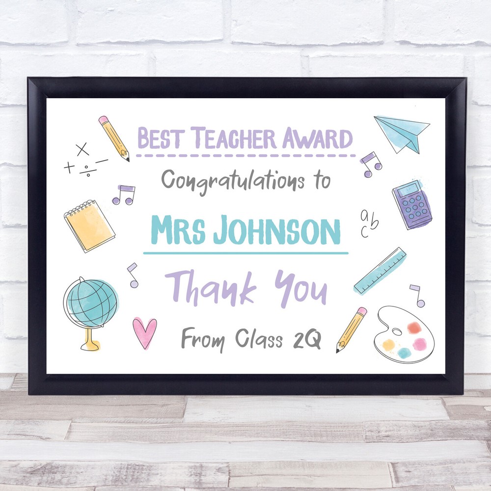 Best Teacher Award Thank You Teacher From Class Personalised Gift Art Print