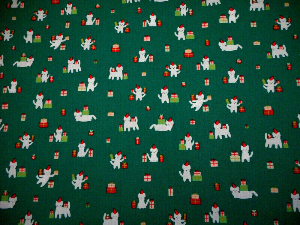 Christmas Fabric By Yard Xmas Cats Kitty Gifts Xmas Green Premium Cotton #81 C