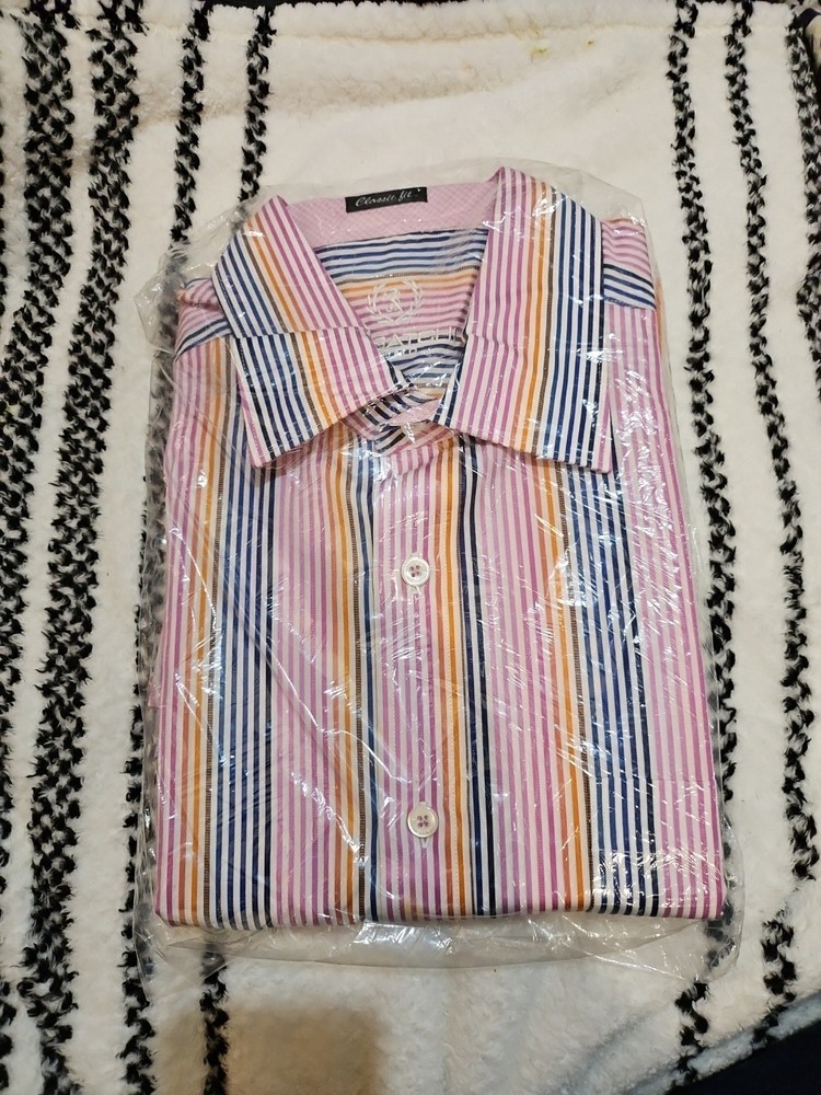 Bugatchi Uomo Classic Fit Men's Dress Shirt Multicolor Stripe Long Sleeve 16.5