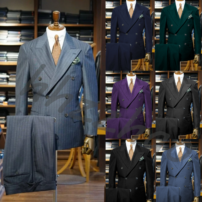 Striped Men Suit Peak Lapel Double Breasted Formal Business Wedding Groom 2 Pcs