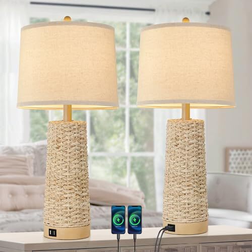 Rattan Table Lamp Set of 2, 27 inch Large Wicker Table Seagrass Plain White