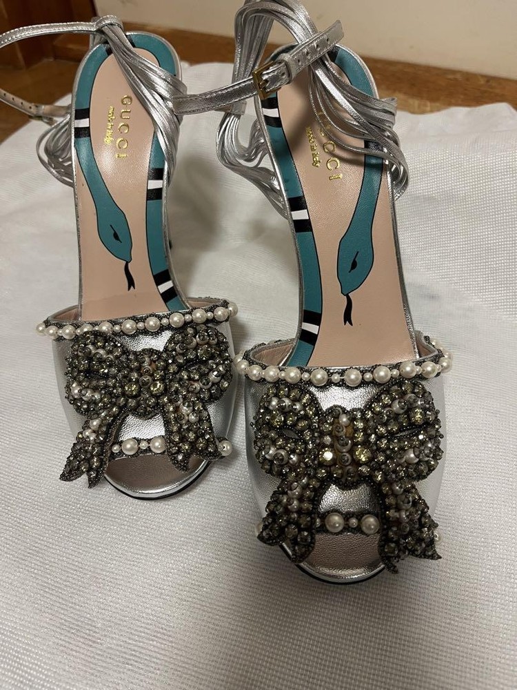 GUCCI Silver Stiletto Sandals with Ankle Strap Women's US 6.5 Authentic From Japan RIN