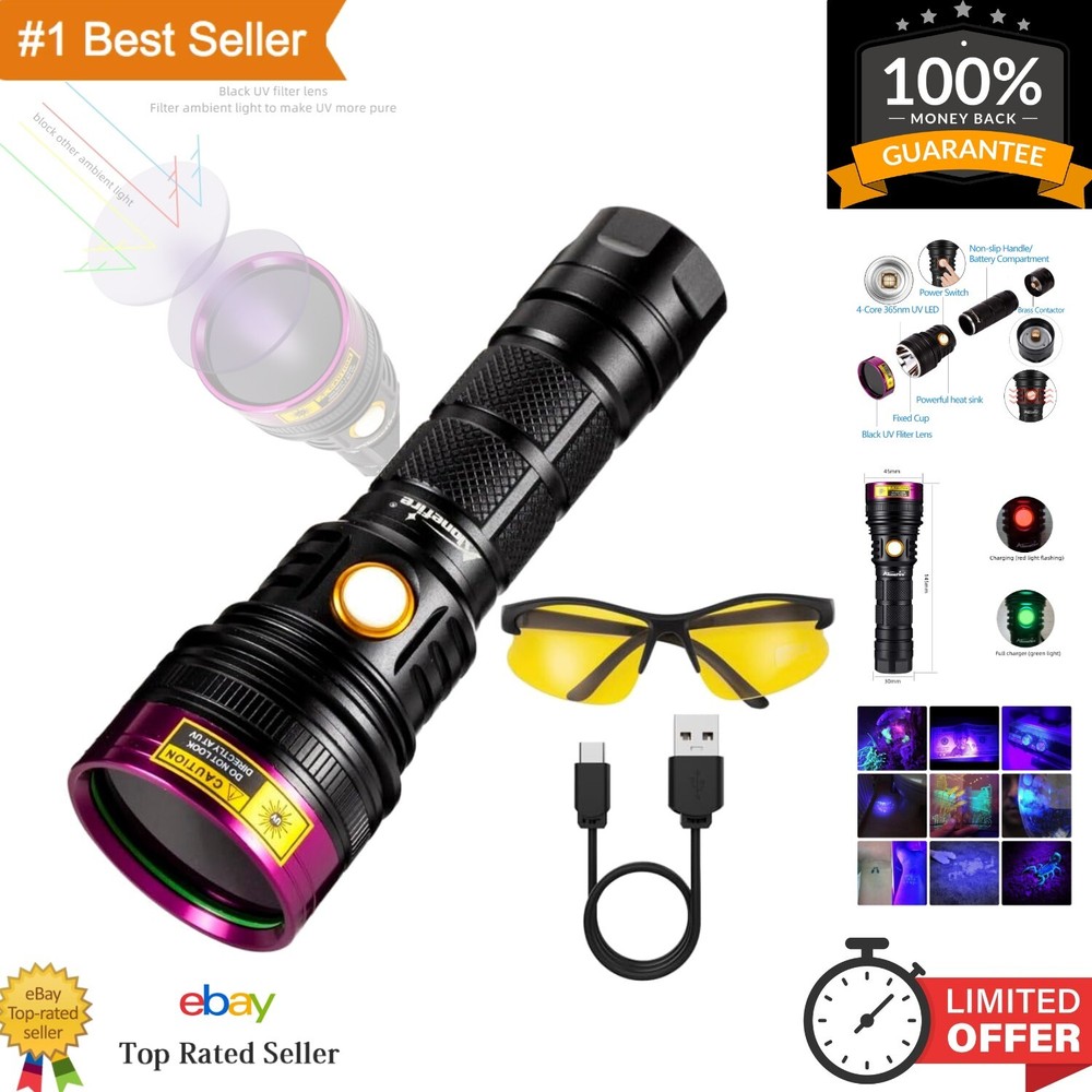 Multi-Functional UV Flashlight with Black Filter Lens - Durable Aluminum Body