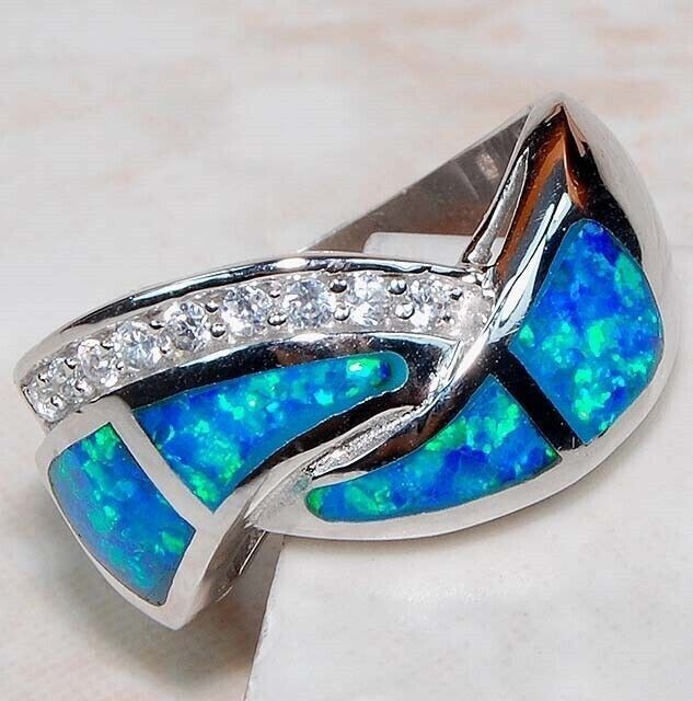 Australian Opal Inlay & Topaz 925 Solid Sterling Silver Ring Jewelry Sz 7 DT2