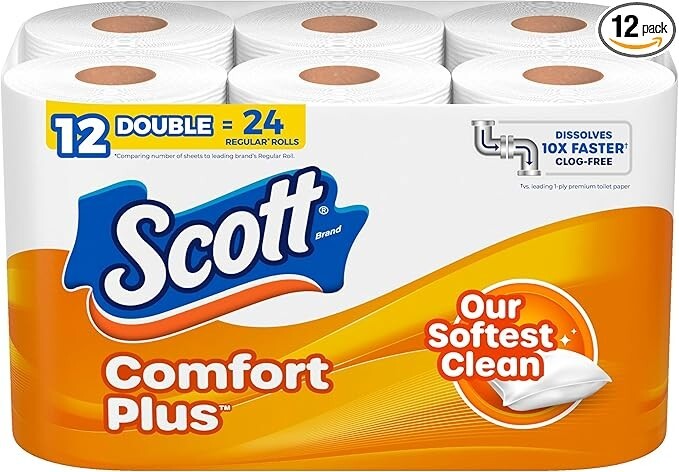 Scott ComfortPlus Toilet Paper, 12 Double Rolls, 231 Sheets per Roll, Septic-Saf