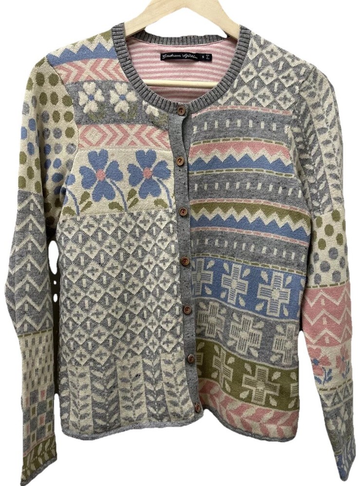 Gudrun Sjoden Womens Cardigan S Ivory Floral Wool Cotton Lagenlook Patchwork