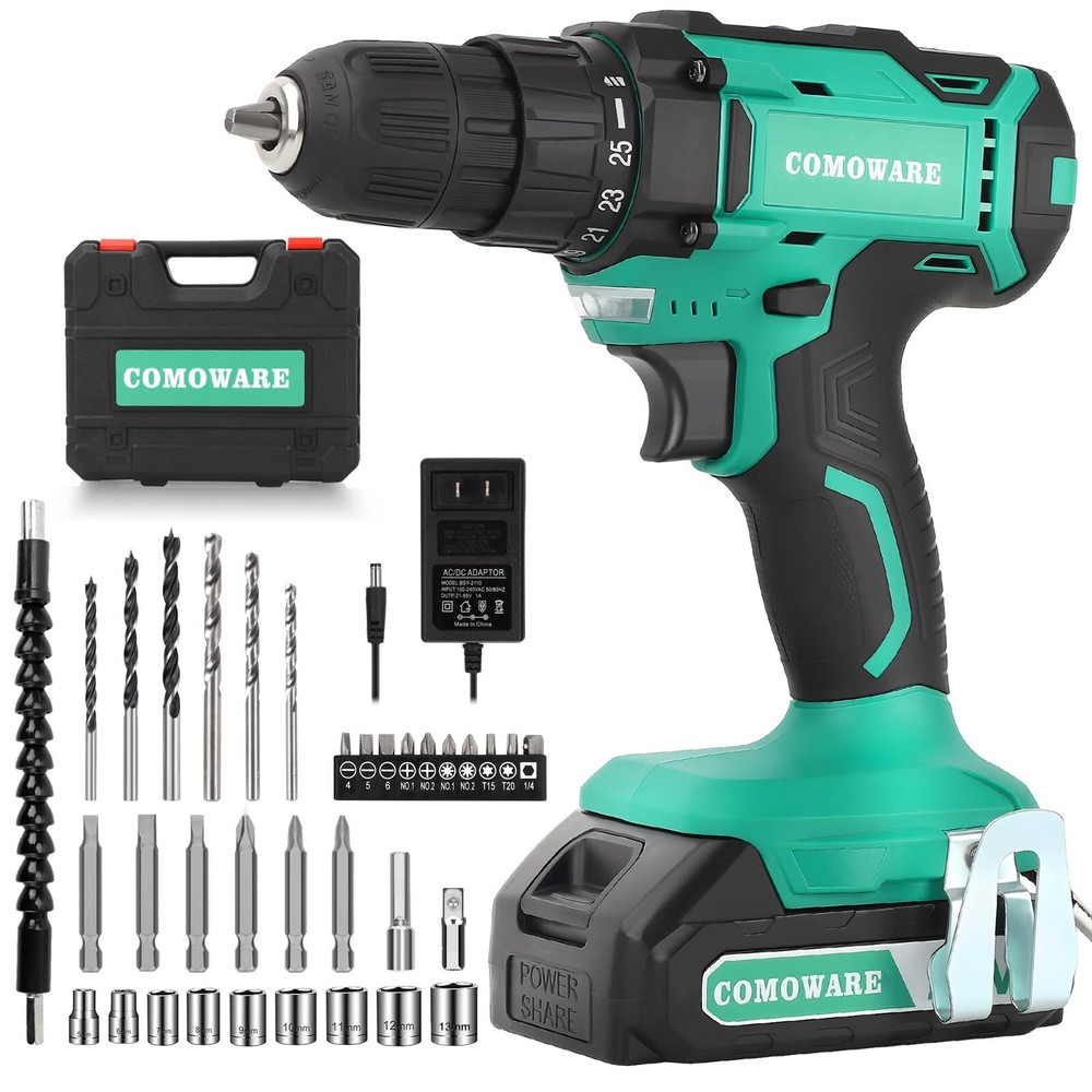 20V Cordless Drill Electric Power Drill Set with 1 Battery & Charger 3/8” Key...