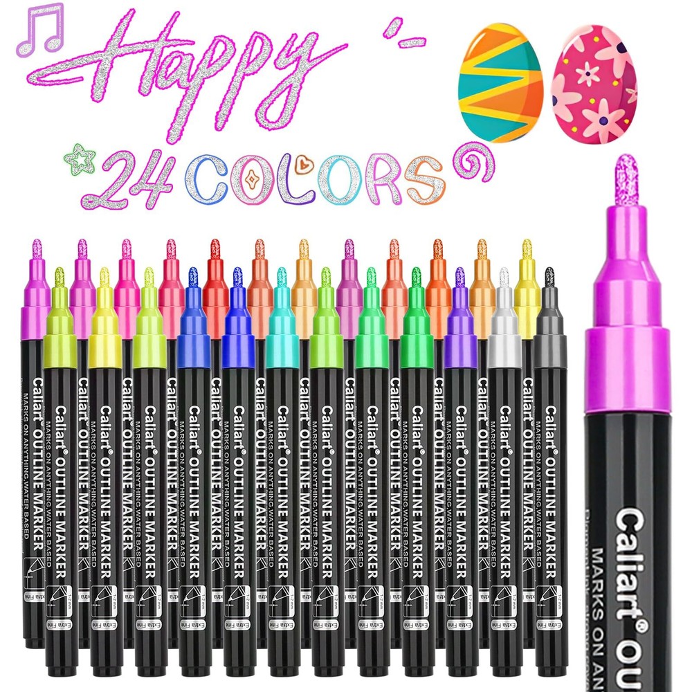 Caliart 24-Color Shimmer Double-Line Drawing Doodle Outline Markers, Aestheti...