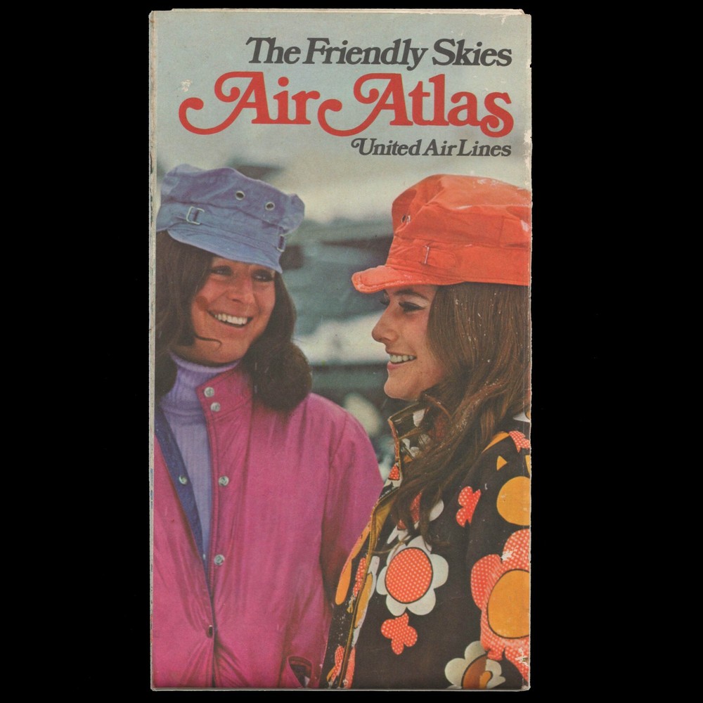 1972 United Airlines Ski West Poster Friendly Skies Air Atlas Full Color US Map