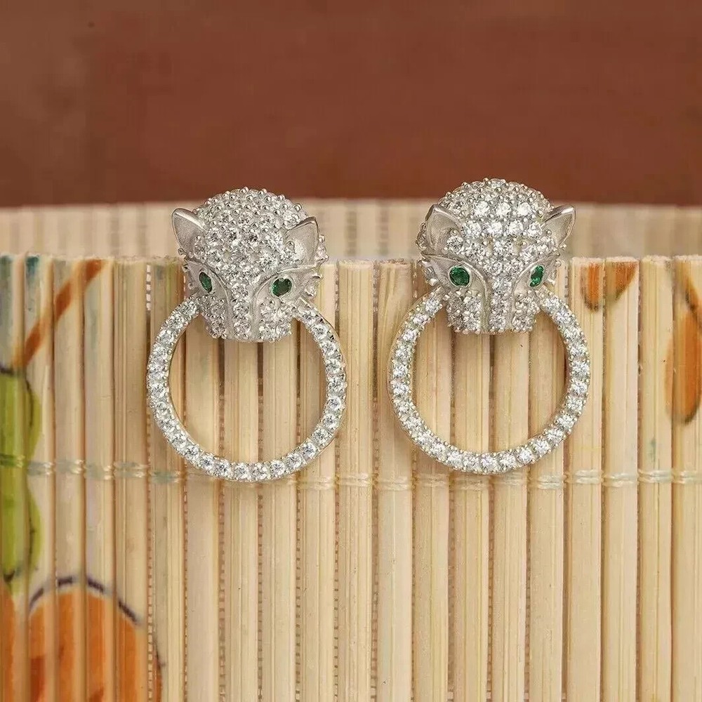 3CT Oval Cut Simulated Emerald/ Panther Stud Earrings 925 Yellow Sterling Silver