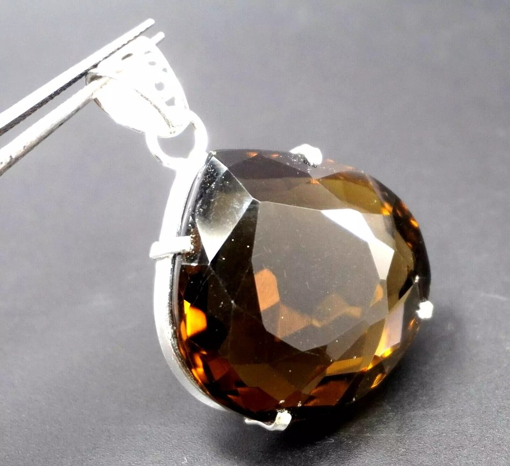 92.30 Ct Natural Brown Pear Cut Smoky Quartz 925 Silver Pendant Gemstone