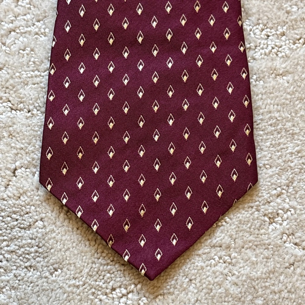 VTG USA Polo Ralph Lauren Diamond Print Handmade Tie Silk Burgundy Gold Maroon