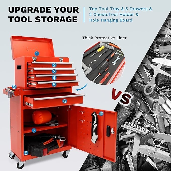 5-Drawer Rolling Tool Chest with Wheels and Detachable Organizer for Easy Storage